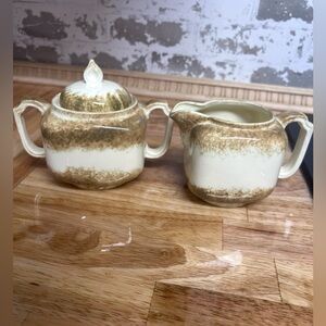 Cream and Brown Ceramic Sugar and Creamer Set